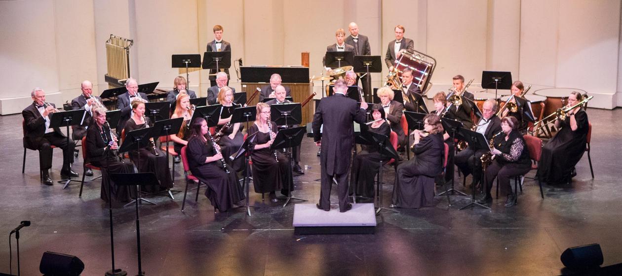 A group of musicians play instruments at a concert