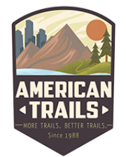 A graphic that inlucdes city buildings and a mountain with a sun and pine trees. Text says American Trails, more trails, better trails since 1988