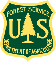 Green and yellow badge outline that says Forest Service Department of Agriculture in it. In the middle is a yellow U pine tree and S.