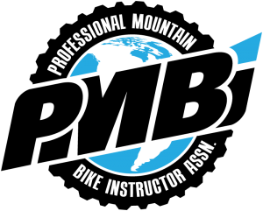 PMBI in black with a black circle that says Professional Mountain Bike Instructor Ass. Blue background inside the circle