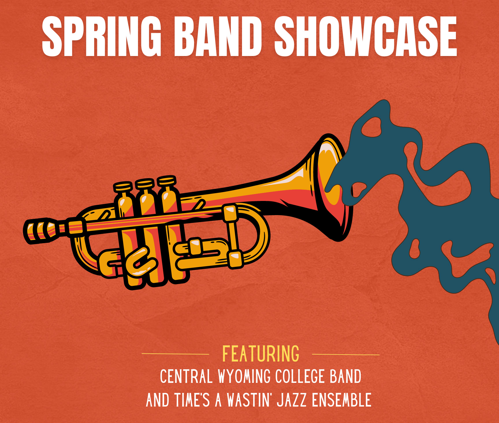 Spring Band Showcase Promotional graphic with a trumpet and orange background