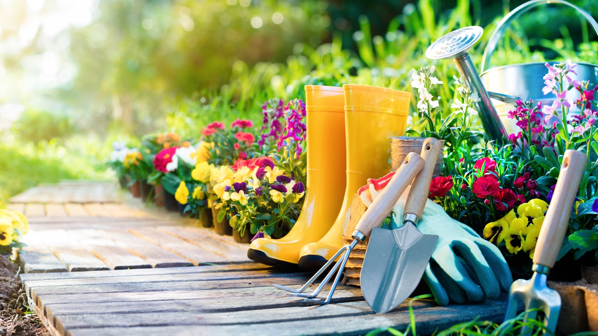 photo of gardening tools and yellow boots on a wooden path with flowers along side it.
