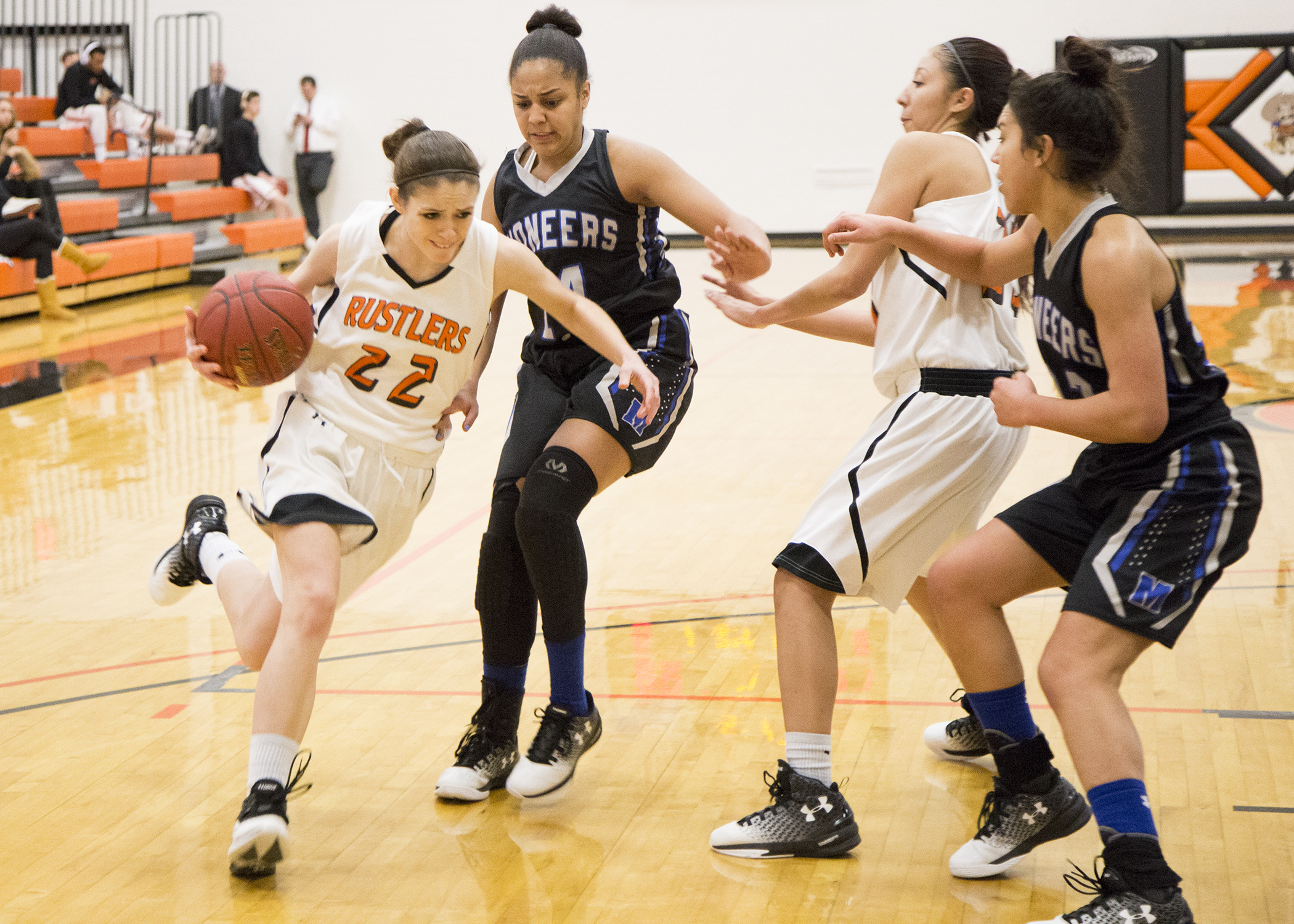women's basketball player, Kyla Paulus dribbles the ball down the court in a contest against Miles Community College