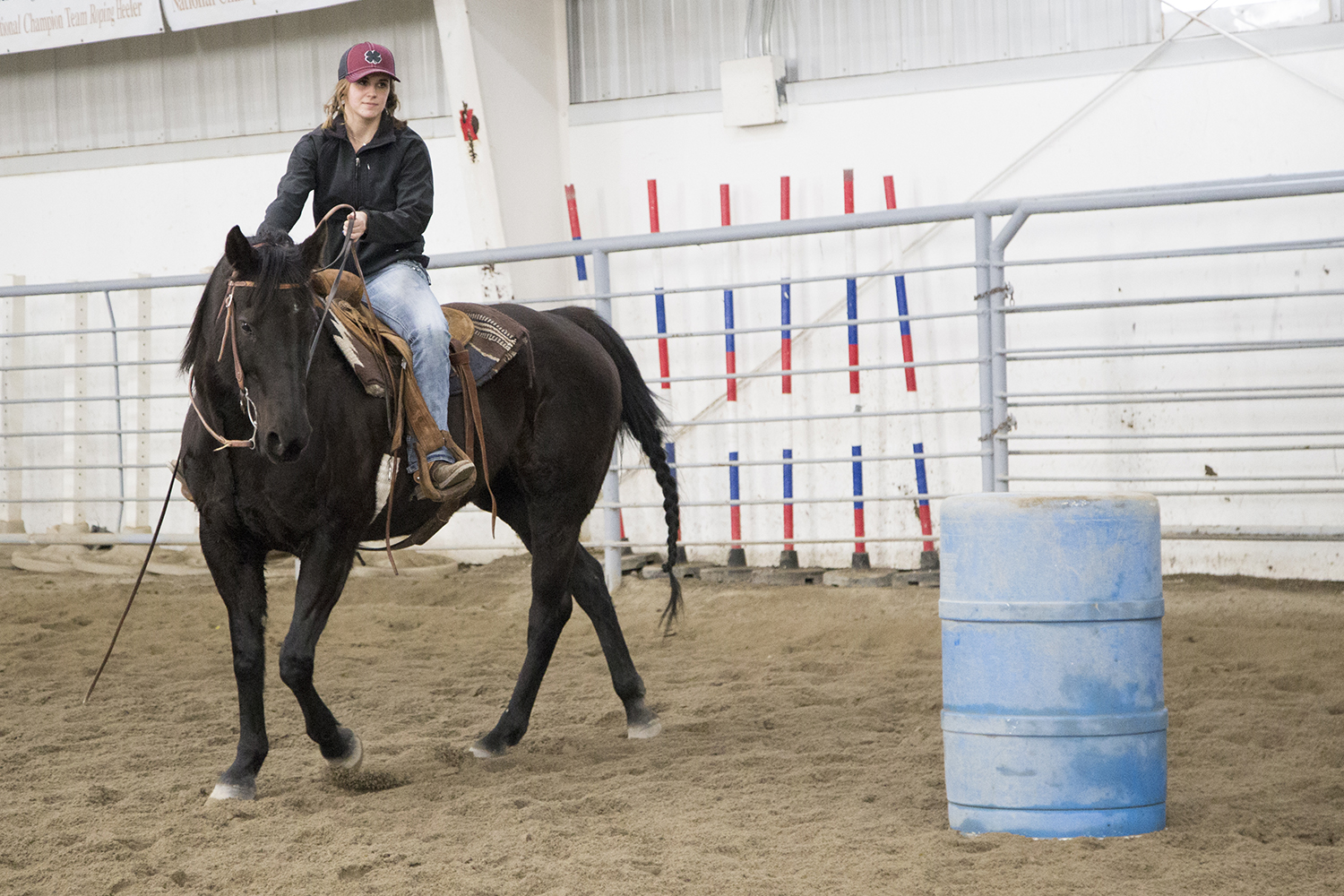 CWC student rides her horse around a barrel for a barrel clinic class