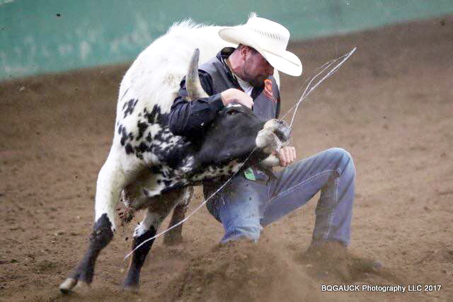 photo of CWC rodeo cowboy Kyle Choate grasping a steer by the horns in the steer wrestling event