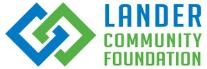 A blue square diamond and a green square diamond intertwined. Word Lander in the color blue and community foundation in the color green. Words are stacked on top of each other. 