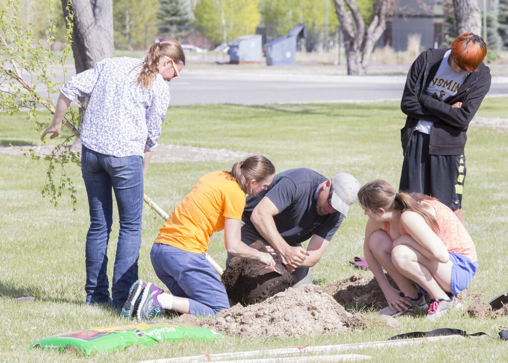 CWC students help Stefan Petersen, grounds supervisor plant a tree