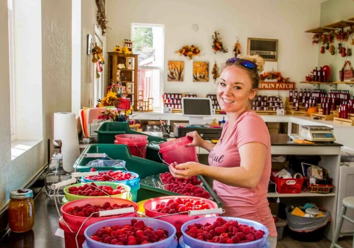 Woman picking strawberries from bins in a store