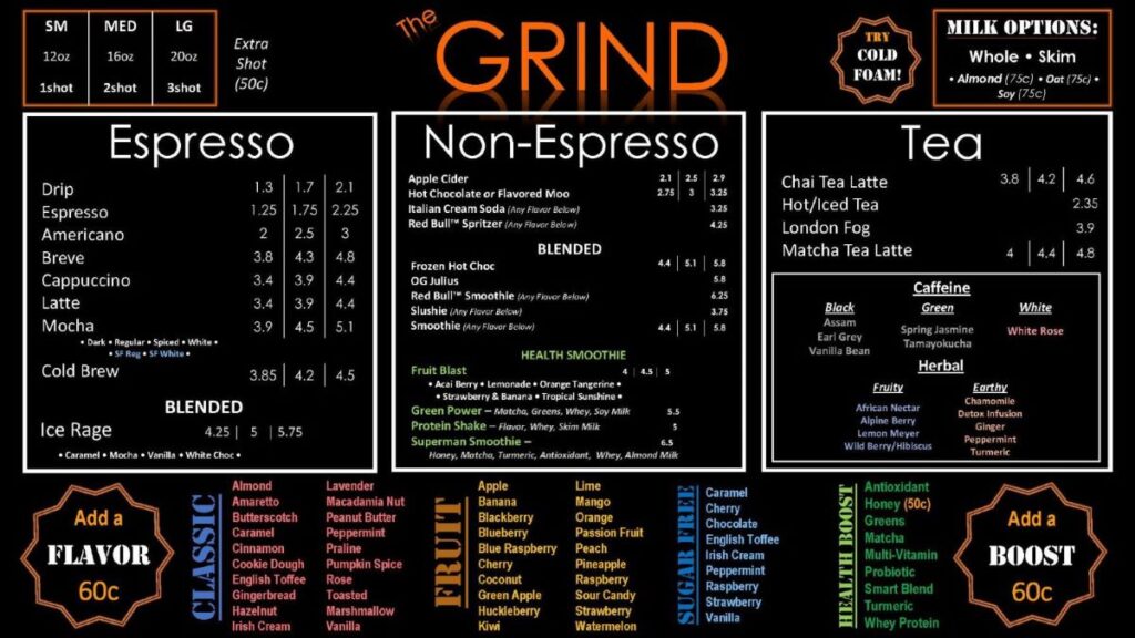 An updated menu for the Grind Coffee Shop