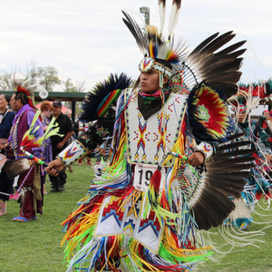 An image of a dancer at the Teton Powwow. They are wearing traditional regalia