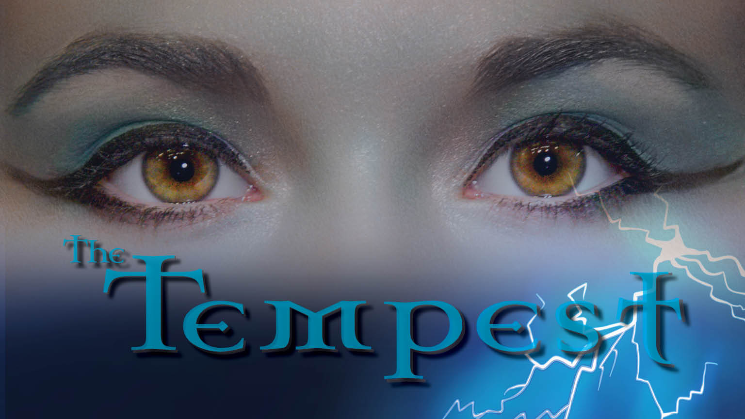 Playbill of The Tempest. Photo of a women's eyes and a man standing on a rock in a lightning storm